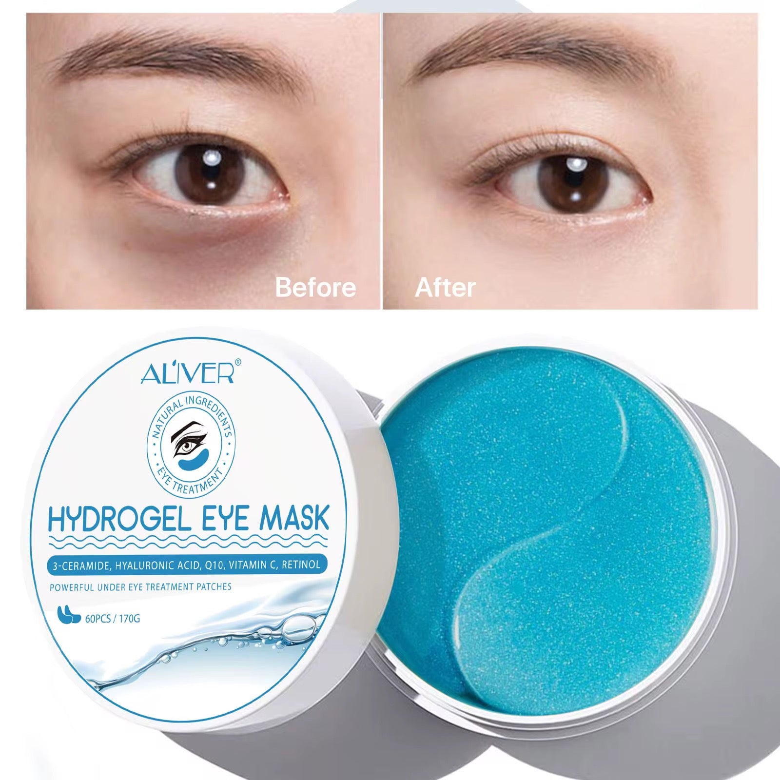HYDROGEL EYE MASK, 3-CERAMIDE, HYALURONIC ACID, Q10, VITAMIN C, RETINOL.