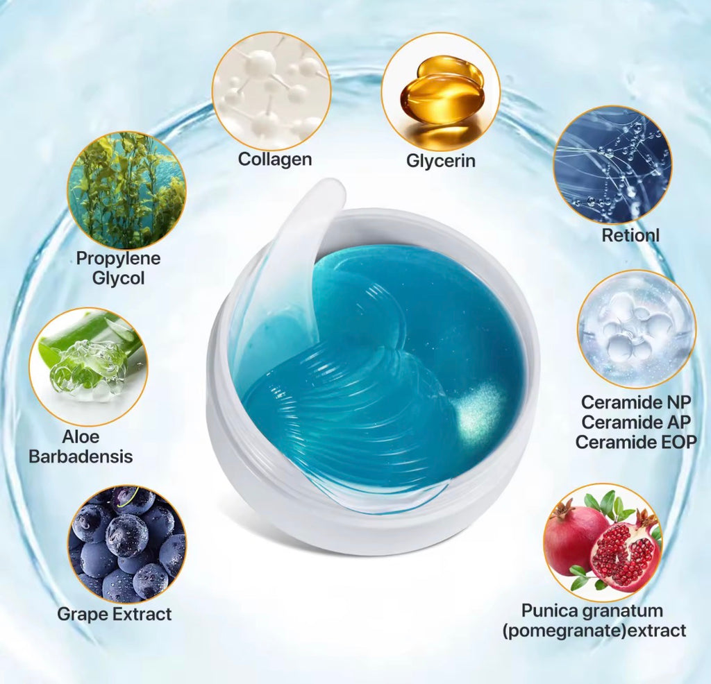 HYDROGEL EYE MASK, 3-CERAMIDE, HYALURONIC ACID, Q10, VITAMIN C, RETINOL.