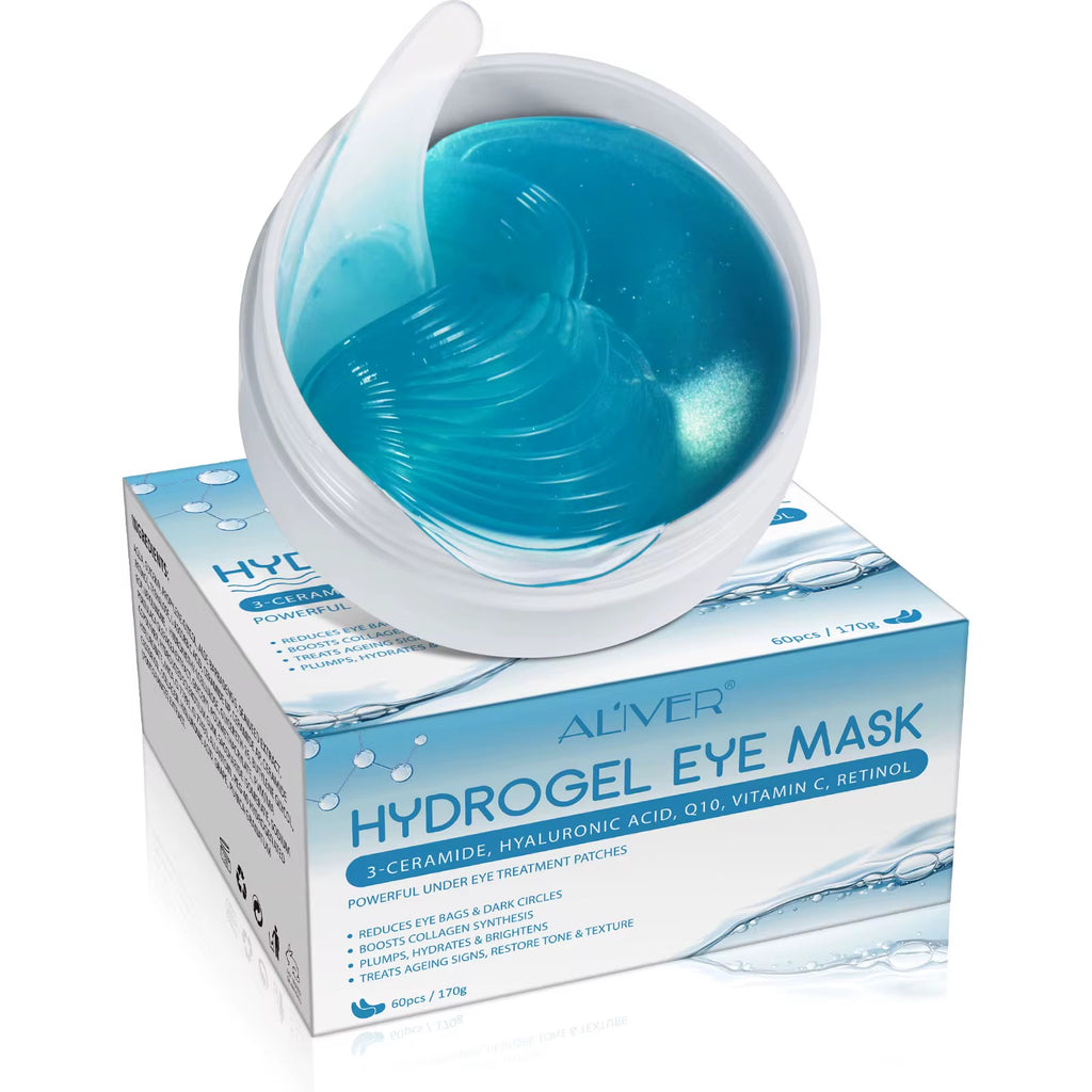 HYDROGEL EYE MASK, 3-CERAMIDE, HYALURONIC ACID, Q10, VITAMIN C, RETINOL.
