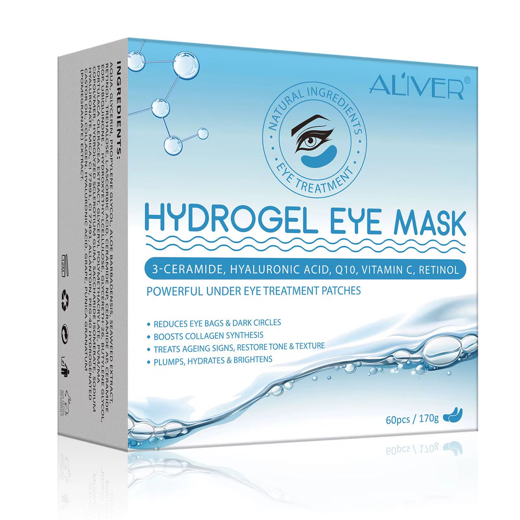 HYDROGEL EYE MASK, 3-CERAMIDE, HYALURONIC ACID, Q10, VITAMIN C, RETINOL.
