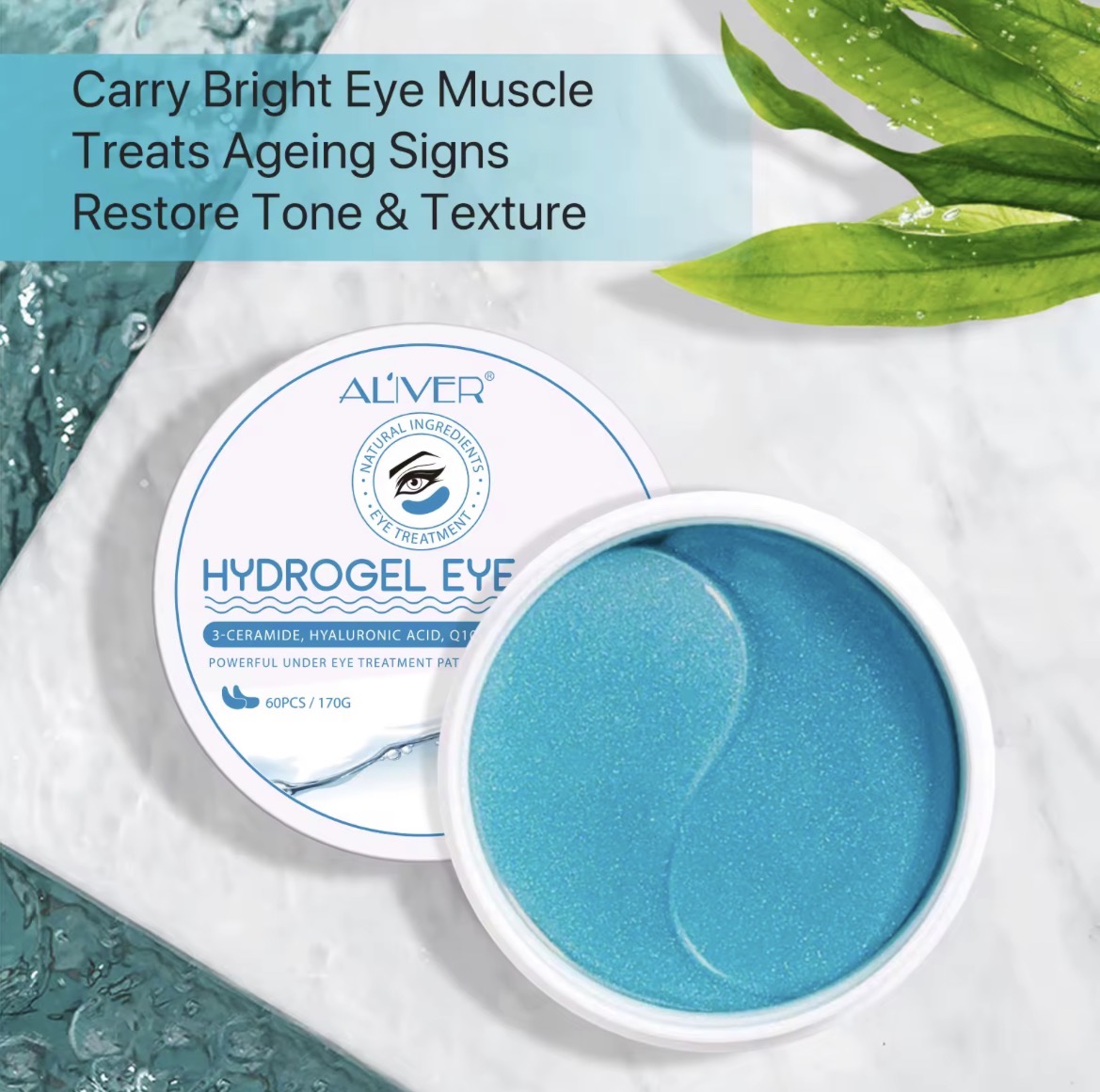 HYDROGEL EYE MASK, 3-CERAMIDE, HYALURONIC ACID, Q10, VITAMIN C, RETINOL.